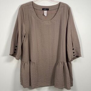 Yushi Crinkle Art to Wear Blouse Women's Large Neutral Tan